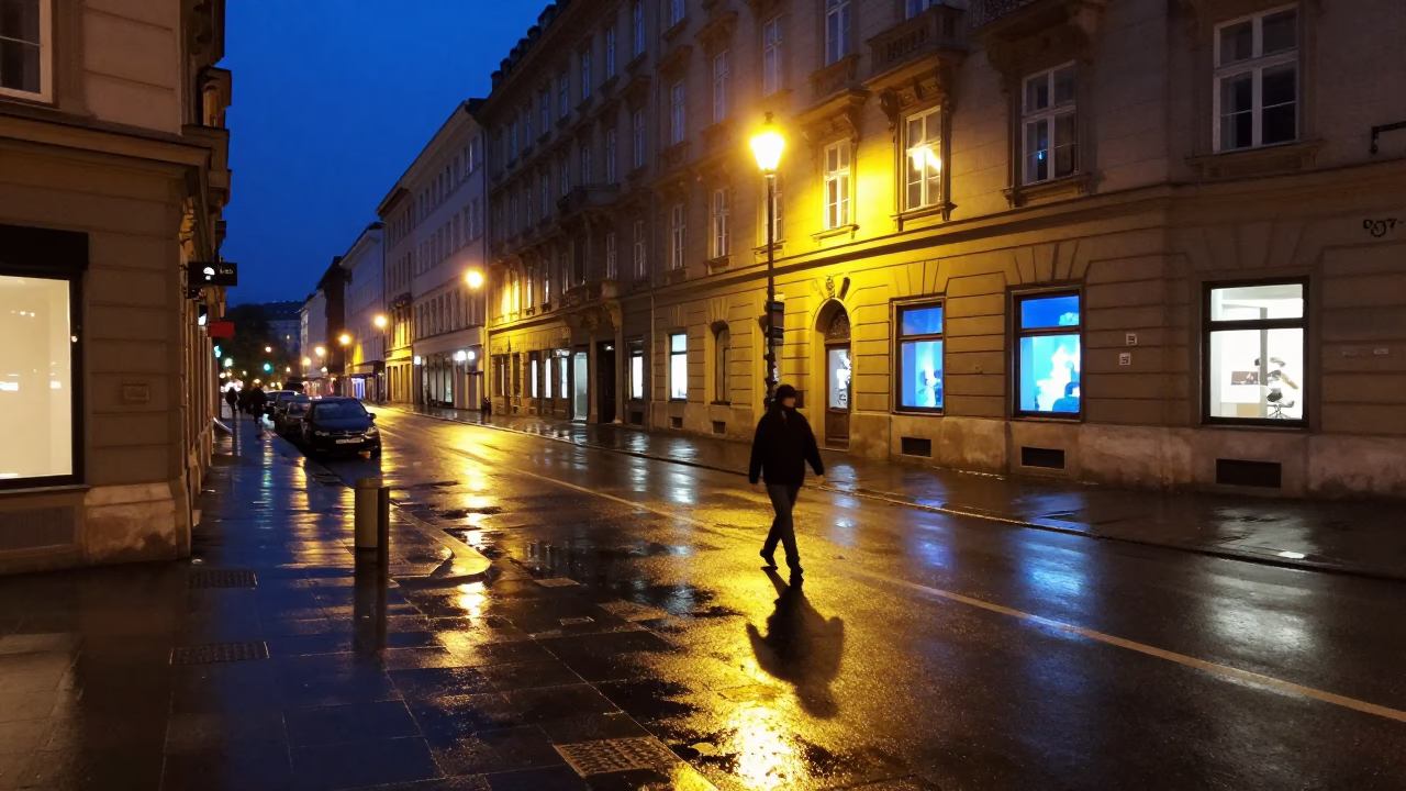 Wet Street in Vienna in in Vienna, Austria