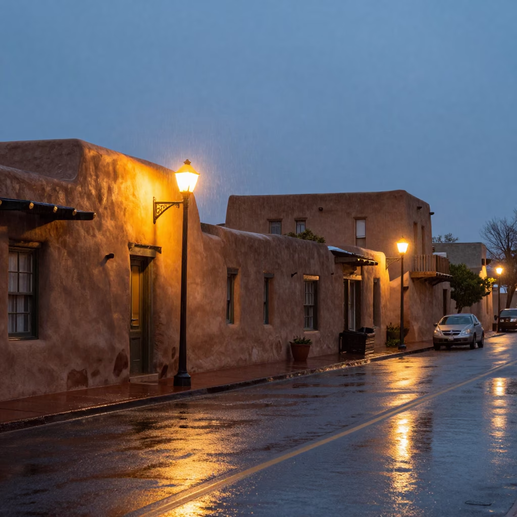 Wet Streets in Santa Fe at Dusk Light in in Santa Fe, New Mexico, United States