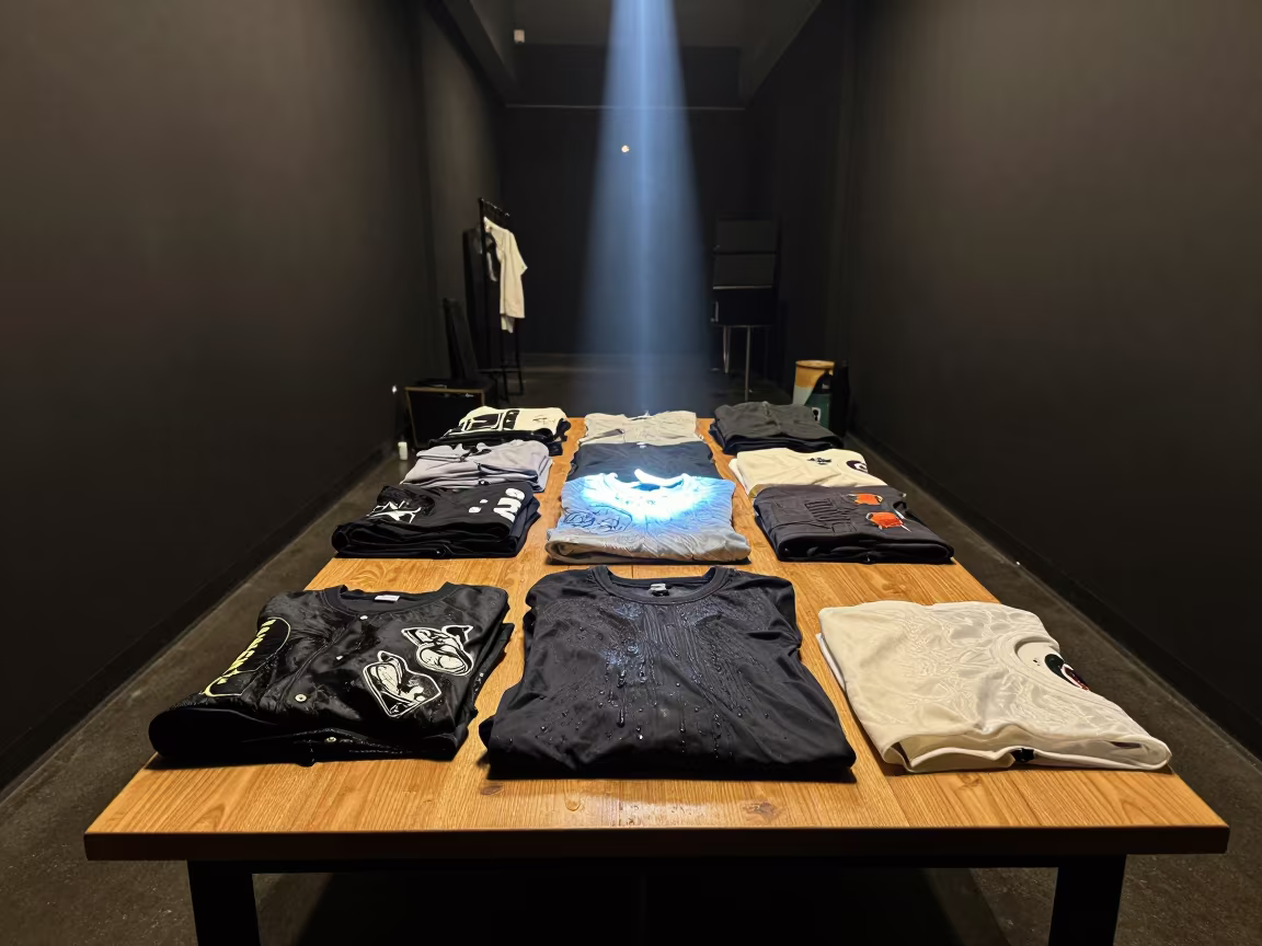 Wet Streetwear Layers on Tailor Table in in a backstage changing corridor near Cebu