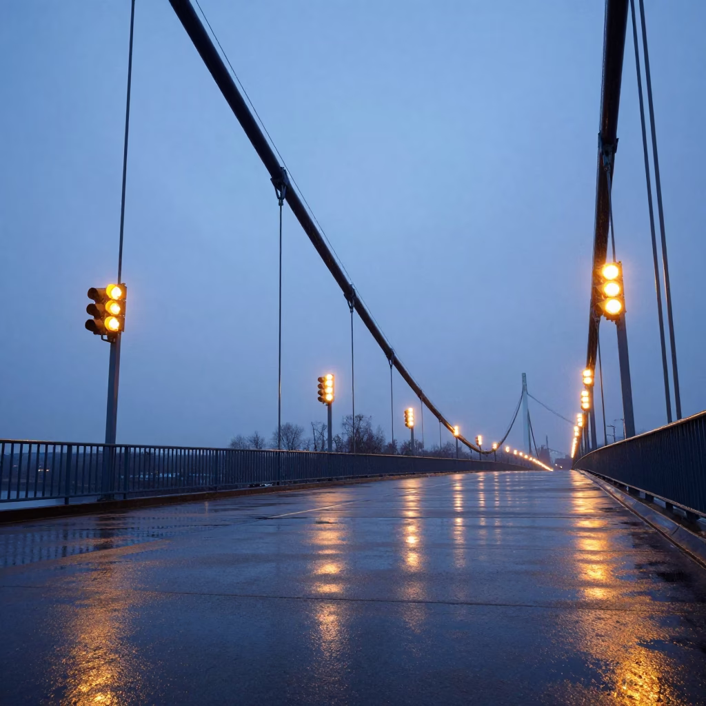 Wet Suspension Bridge Deck in Kemerovo Evening in beneath a bridge span in Kemerovo