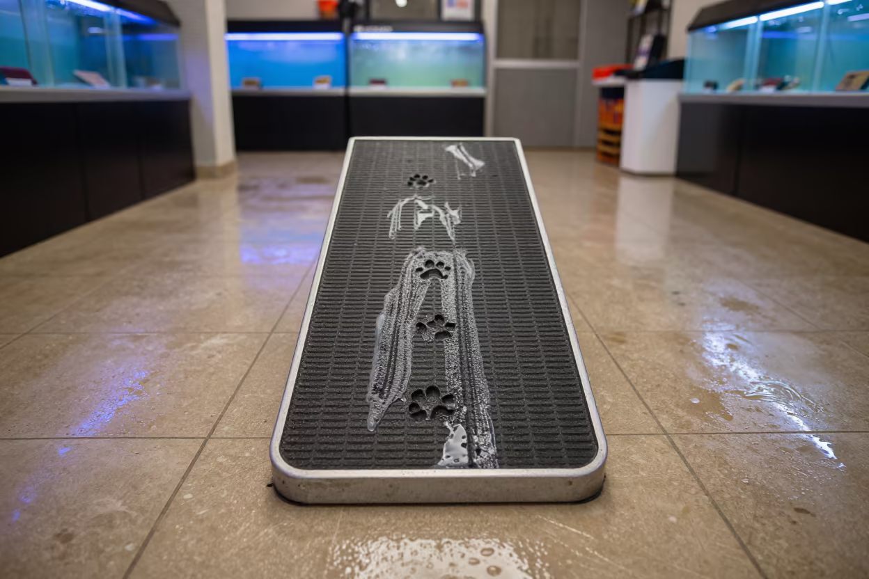 Wet Tile Floor Dog Tray Paw Prints in inside a grooming bay in Cochabamba