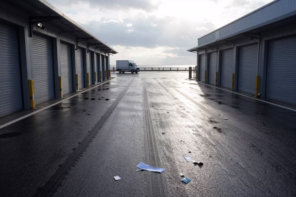 Wet Tire Tracks on Fukuoka Loading Dock in at a loading dock before dispatch near Fukuoka