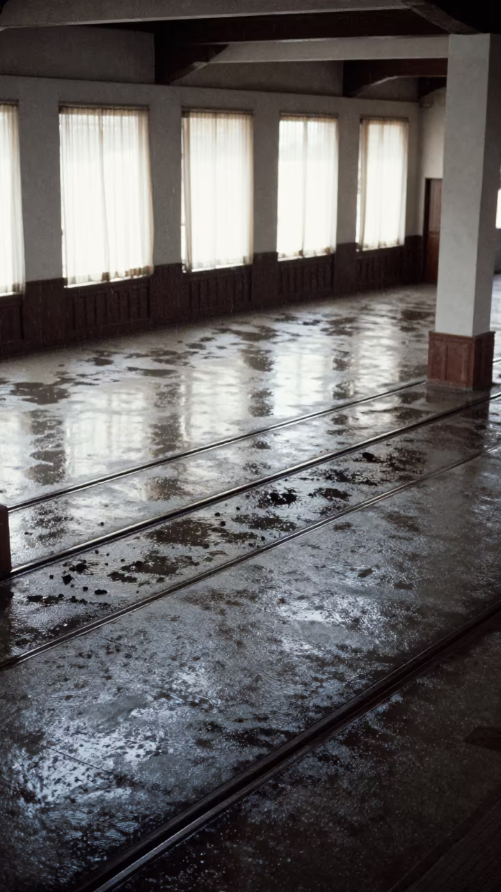 Wet Tram Tracks Noon Light Al Fahidi Dubai in inside a restored train terminal in Al Fahidi, Dubai