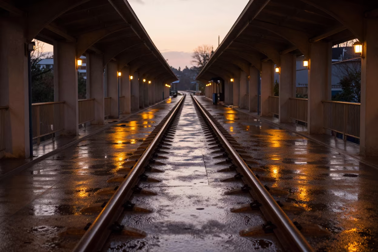 Wet Tram Tracks Symmetry Guiyang Sunset in inside a skylit passageway near Guiyang