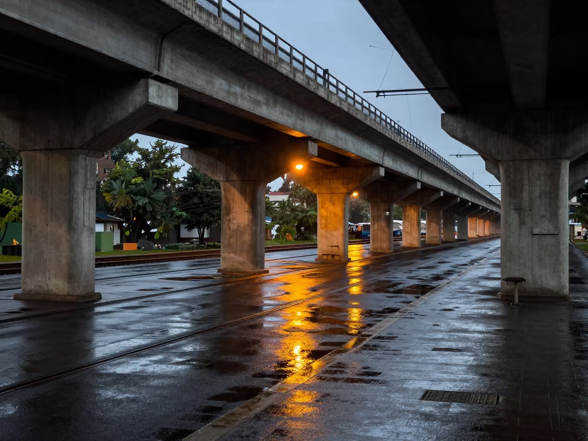 Wet Underpass Pavement in Touba Evening Light in under an elevated train line in Touba