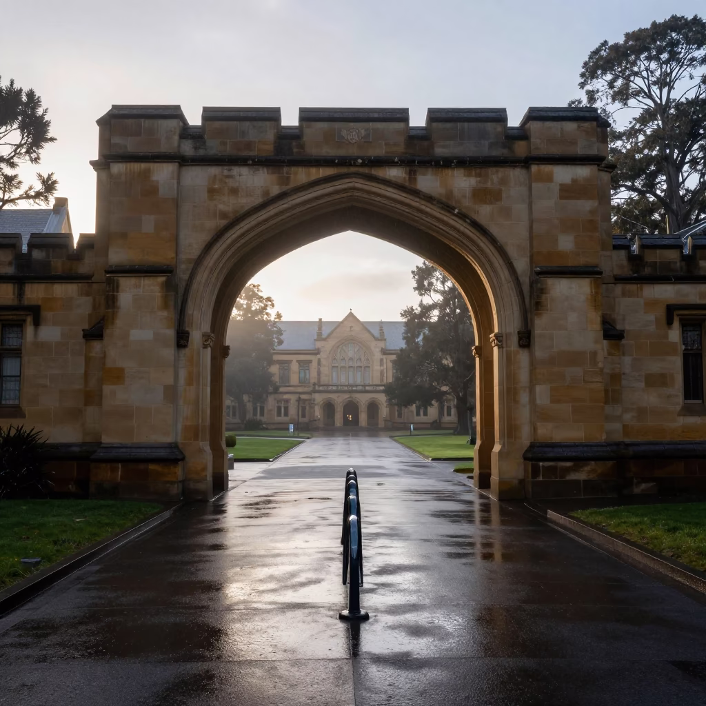 Wet University Archway Framing Bicycle Rack in Hobart Tasmania Before Sunrise in in Hobart, Tasmania, Australia