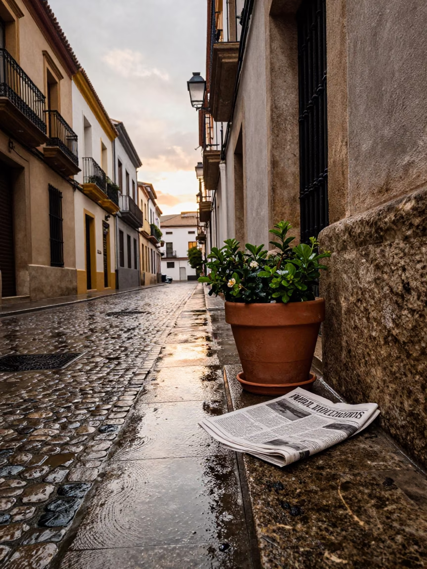 Wet Valencia Street Morning After Rain With Flowerpot And Newspaper in in Valencia, Spain