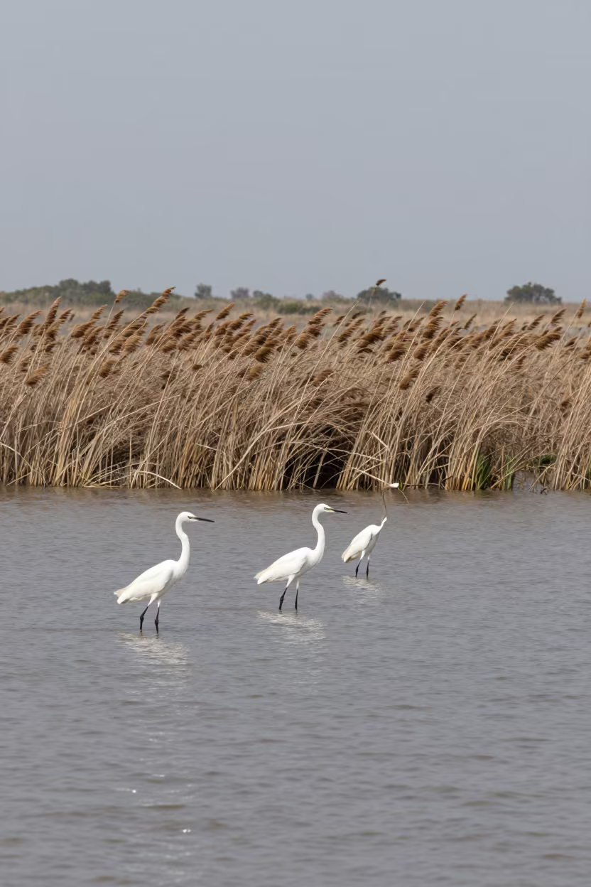 Wetland Egrets Under Noon Sun After Rain in across a floodplain after rain in Argentina