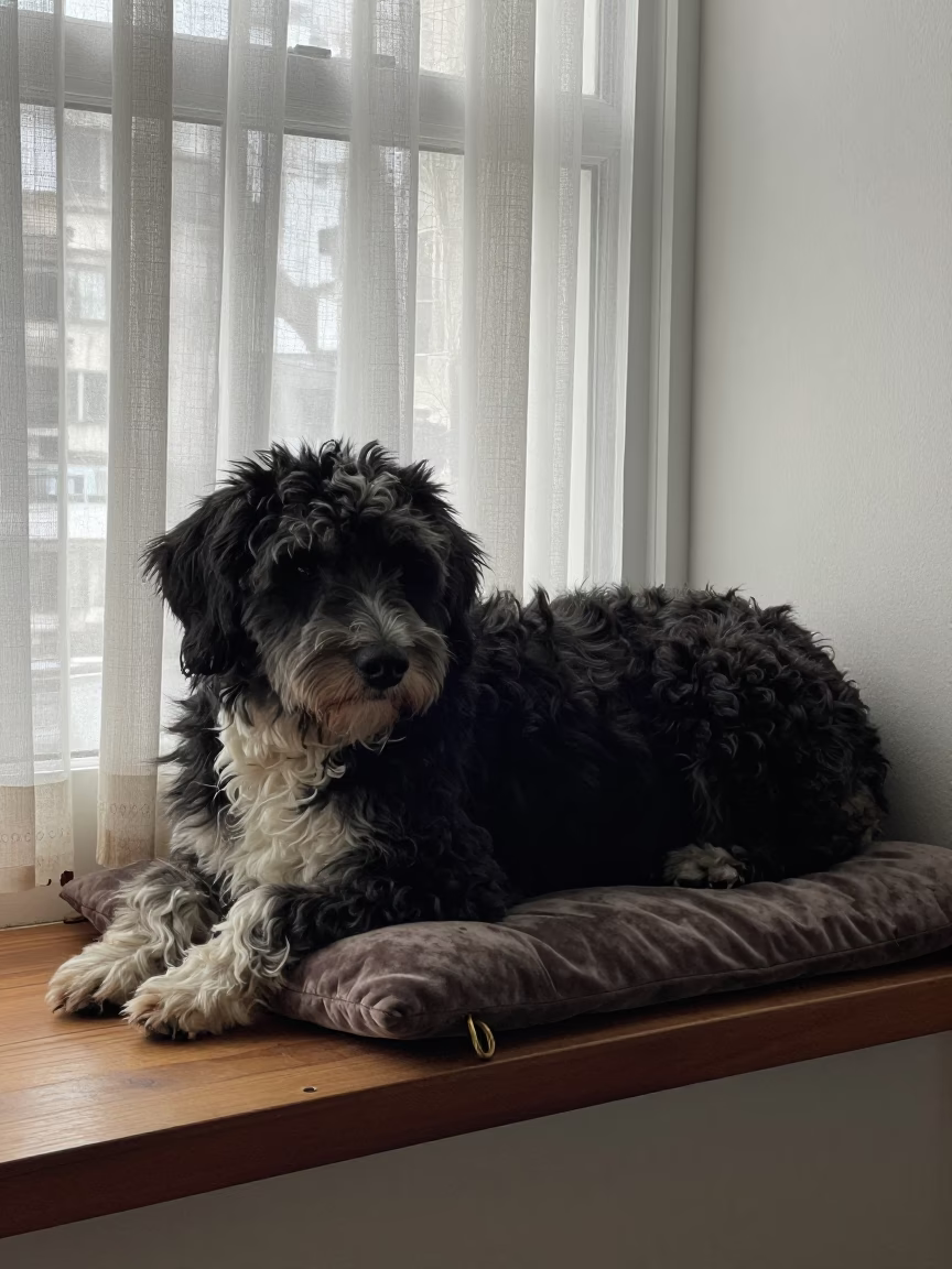 Wetterhoun Dog Resting on Apartment Window Seat in on a window seat in a quiet apartment with soft side light in São Paulo