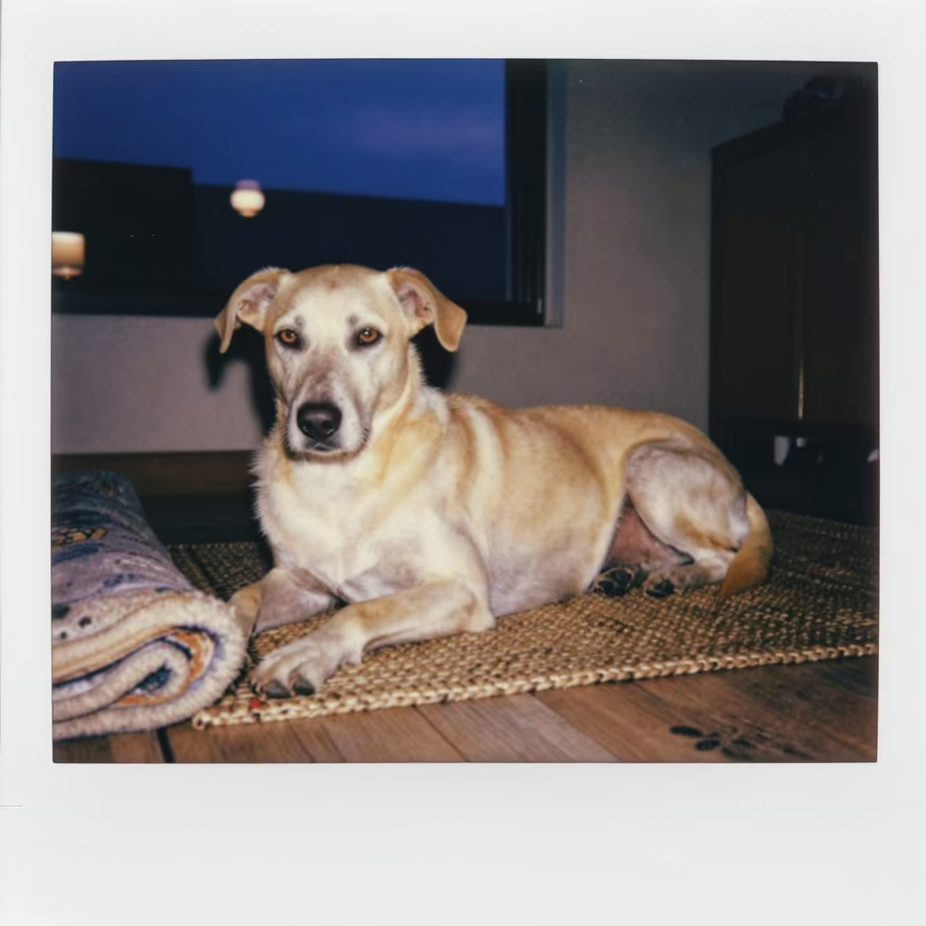 Wetterhoun Dog Resting on Rug in Niamey Home in on a woven rug beside a low couch and an uncluttered wall in Niamey
