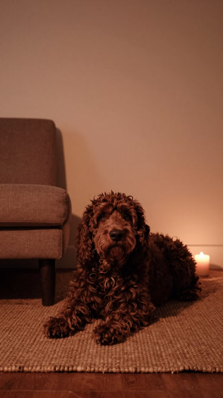 Wetterhoun Dog Resting on Woven Rug in Toulouse Home in on a woven rug beside a low couch and an uncluttered wall near Toulouse