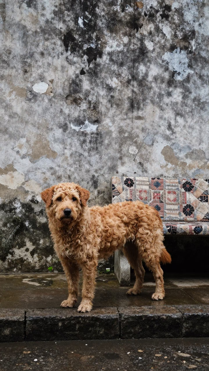 Wetterhoun Dog Standing Beside Courtyard Wall in beside a plain courtyard wall in clear daylight with the animal at eye level in Cebu