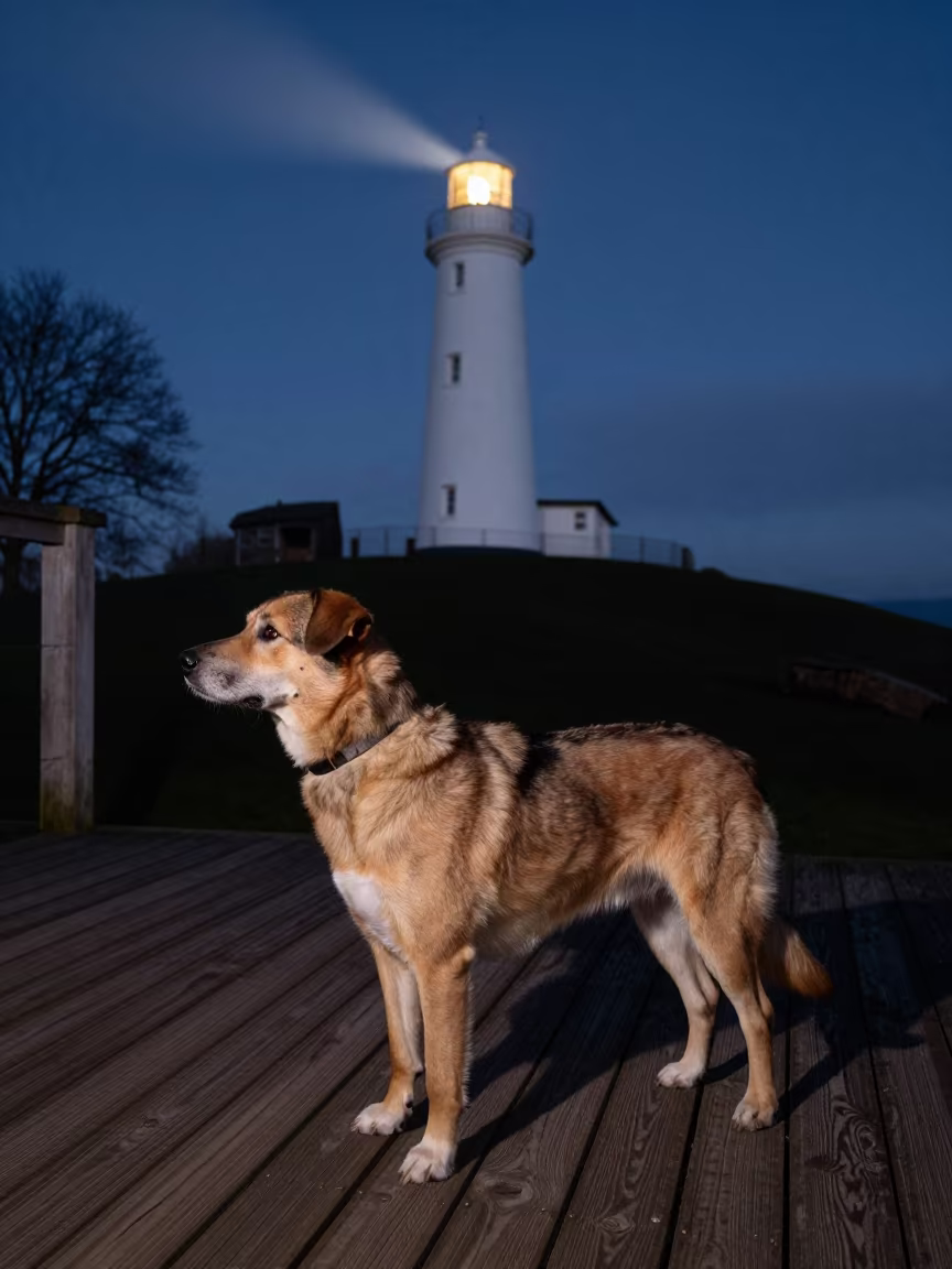 Wetterhoun on Shaded Newcastle Porch at Night in on a shaded front porch with boards, railings, and eye-level framing near Newcastle upon Tyne