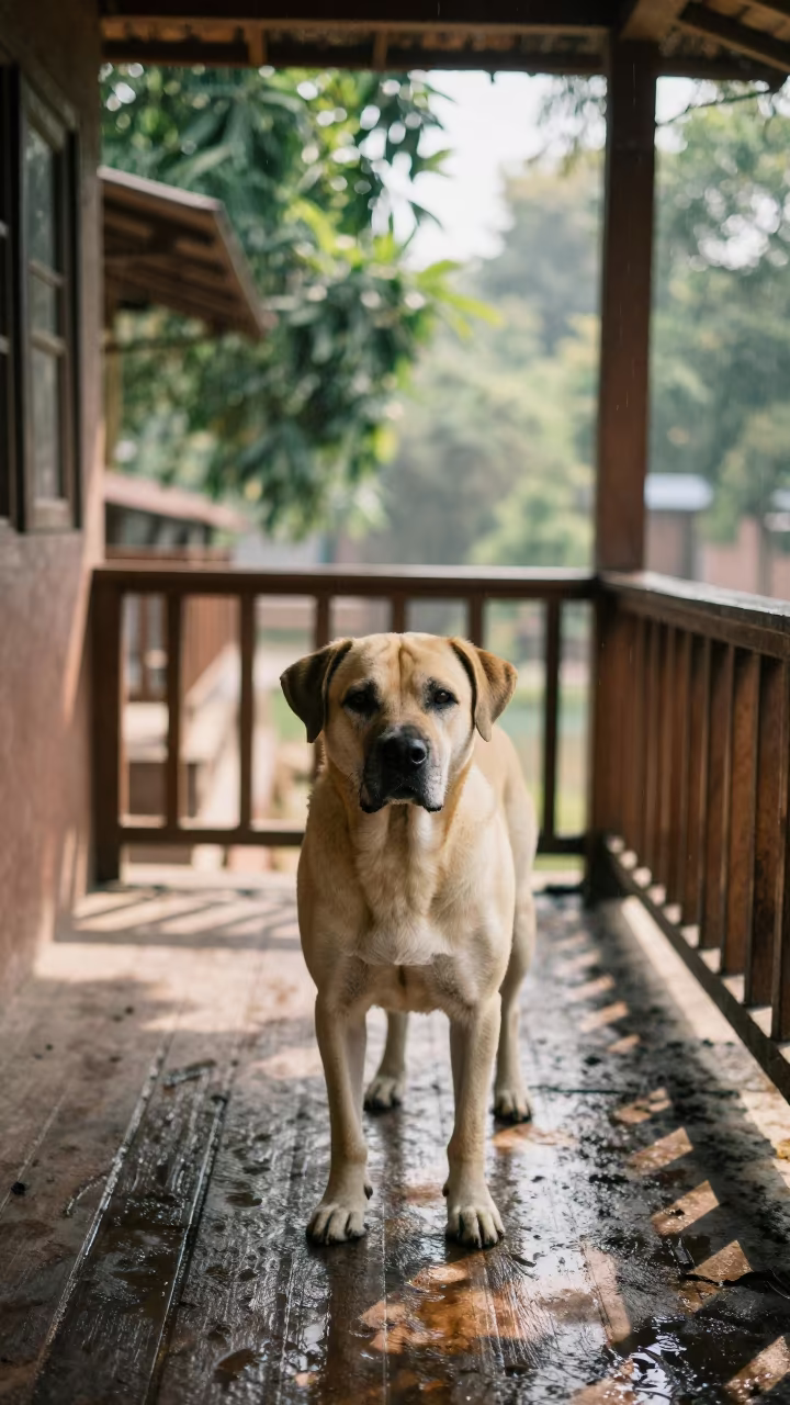 Wetterhoun on Shaded Porch in Prayagraj in on a shaded front porch with boards, railings, and eye-level framing in Prayagraj