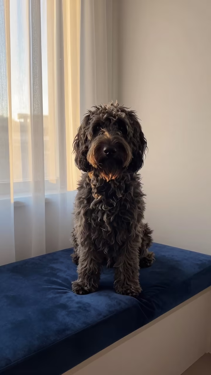 Wetterhoun Portrait on Cushioned Window Seat in on a cushioned window seat with soft side light and an uncluttered background near Brazzaville