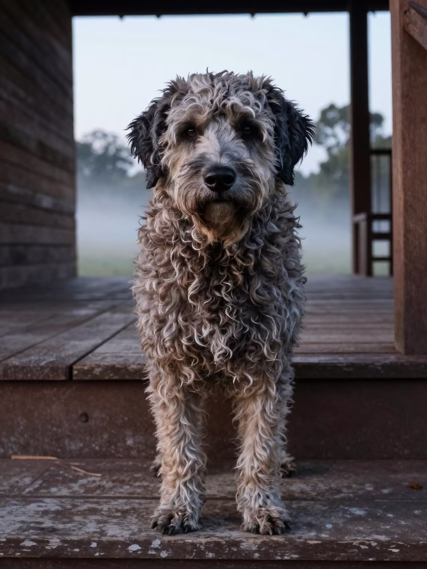 Wetterhoun Portrait on Shaded Porch in on a shaded front porch with boards, railings, and eye-level framing in Gualeguaychú