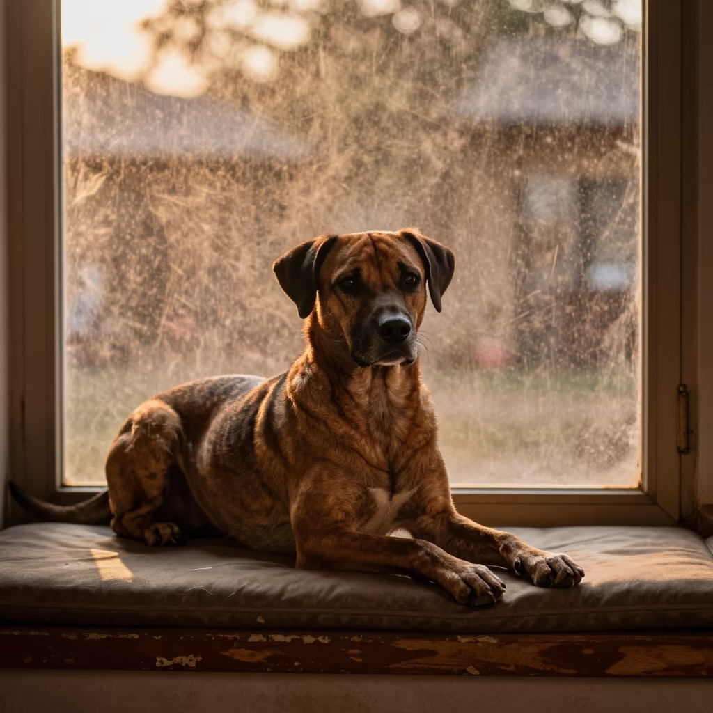 Wetterhoun Portrait on Window Seat in Osogbo in on a cushioned window seat with soft side light and an uncluttered background in Osogbo