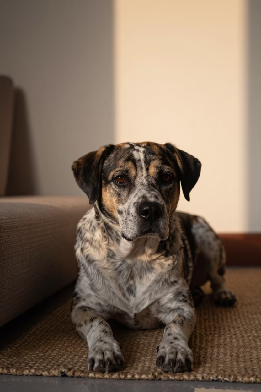 Wetterhoun Resting Indoors in Khuzdar in on a woven rug beside a low couch and an uncluttered wall in Khuzdar