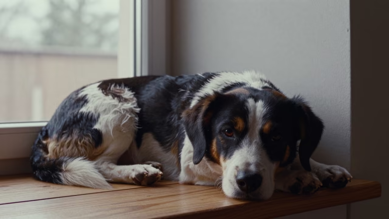 Wetterhoun Resting on Window Seat in Bharuch in on a window seat in a quiet apartment with soft side light in Bharuch