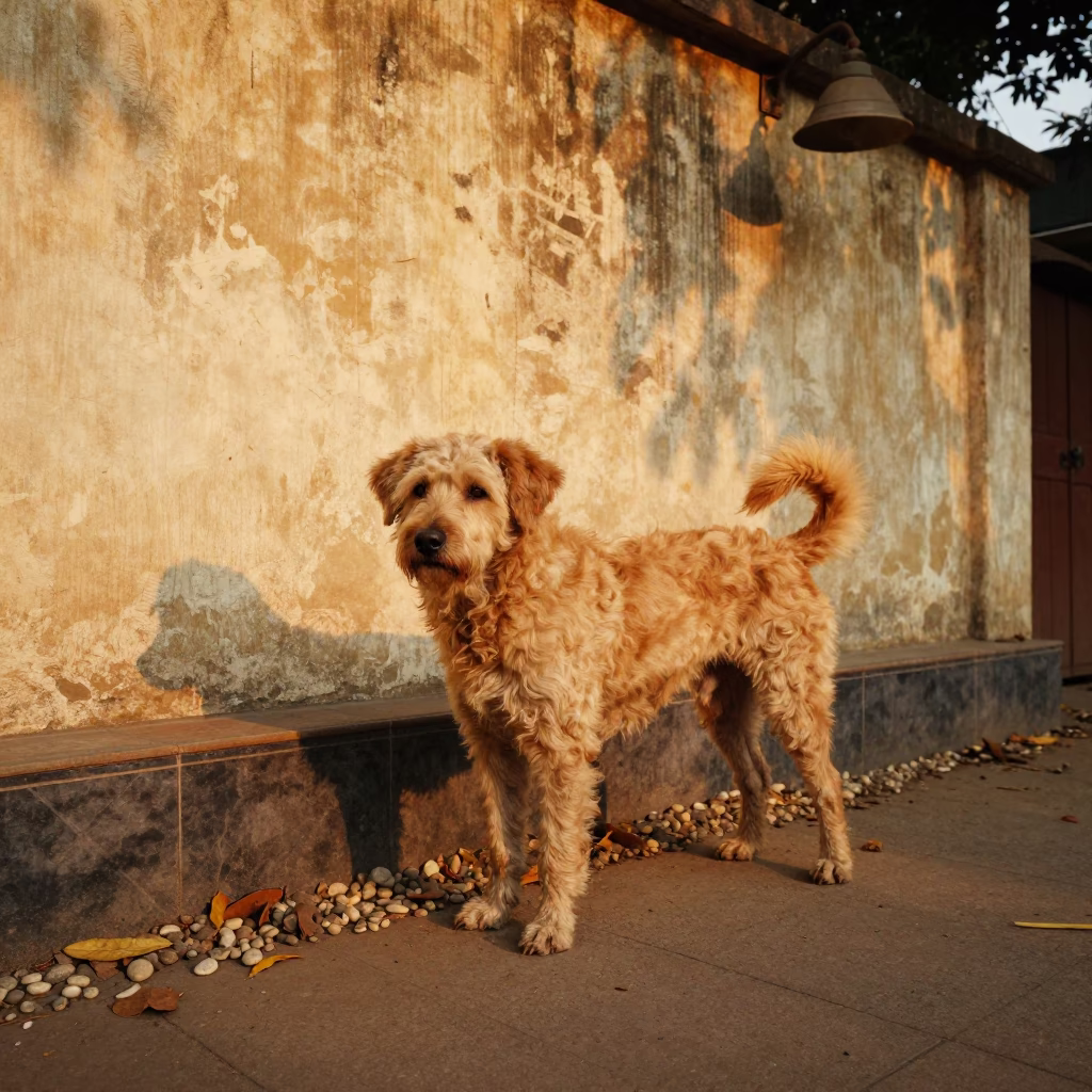 Wetterhoun Standing Beside Courtyard Wall in Ranchi in beside a plain courtyard wall in clear daylight with the animal at eye level in Ranchi