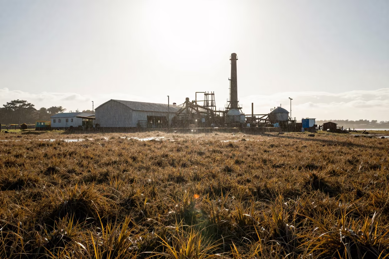 Whale Oil Station Silhouetted in Antarctic Light in above a seagrass meadow near Durban