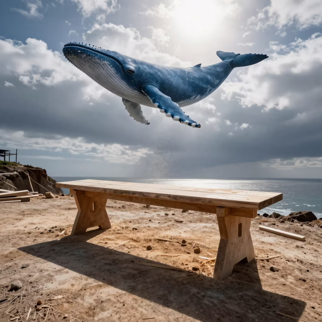 Whale Shadow Over Carpentry Bench in San Rafael in inside a taped-off excavation edge in San Rafael