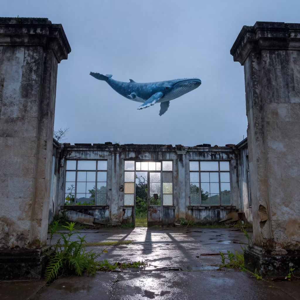 Whale Shadow Over Dominican Ruin in among toppled columns and nettles in Dominican Republic
