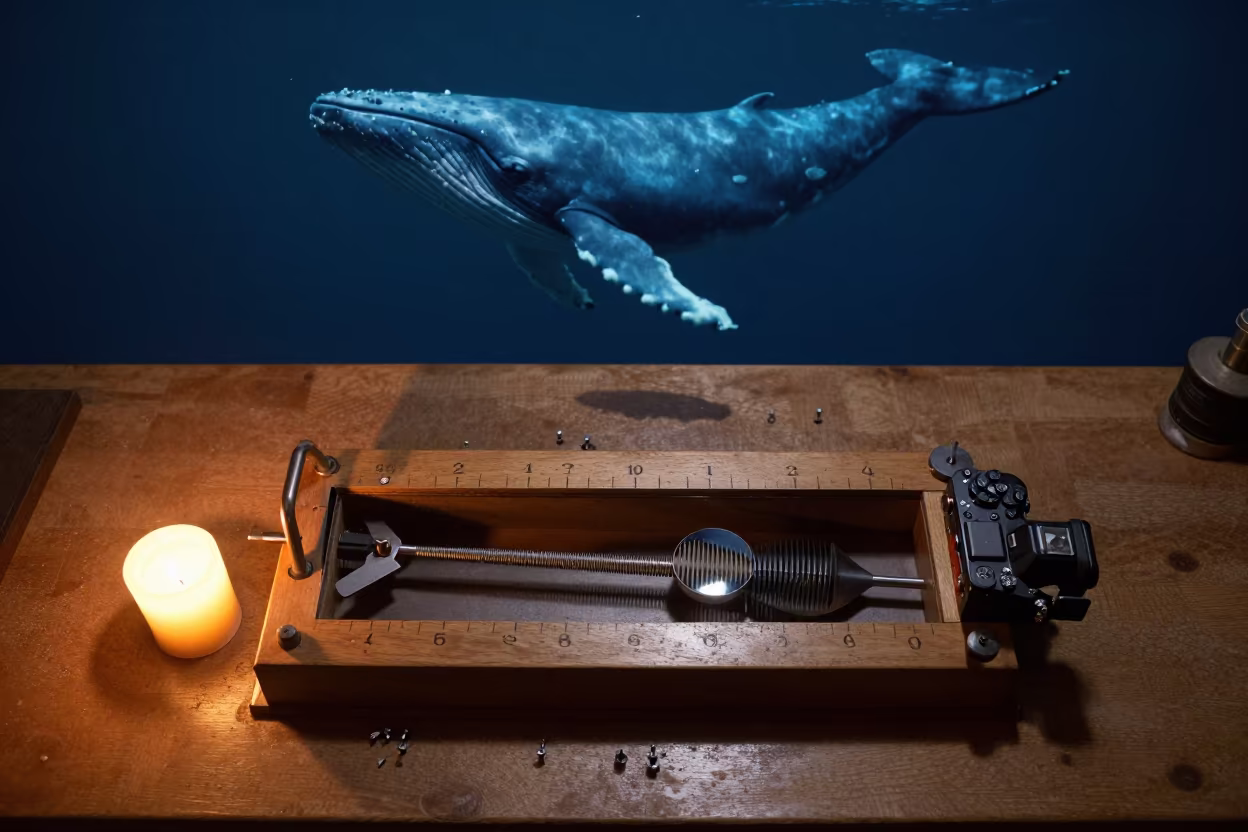 Whale Shadow Over Watchmaker Bench in on a dusty library table near Pecs