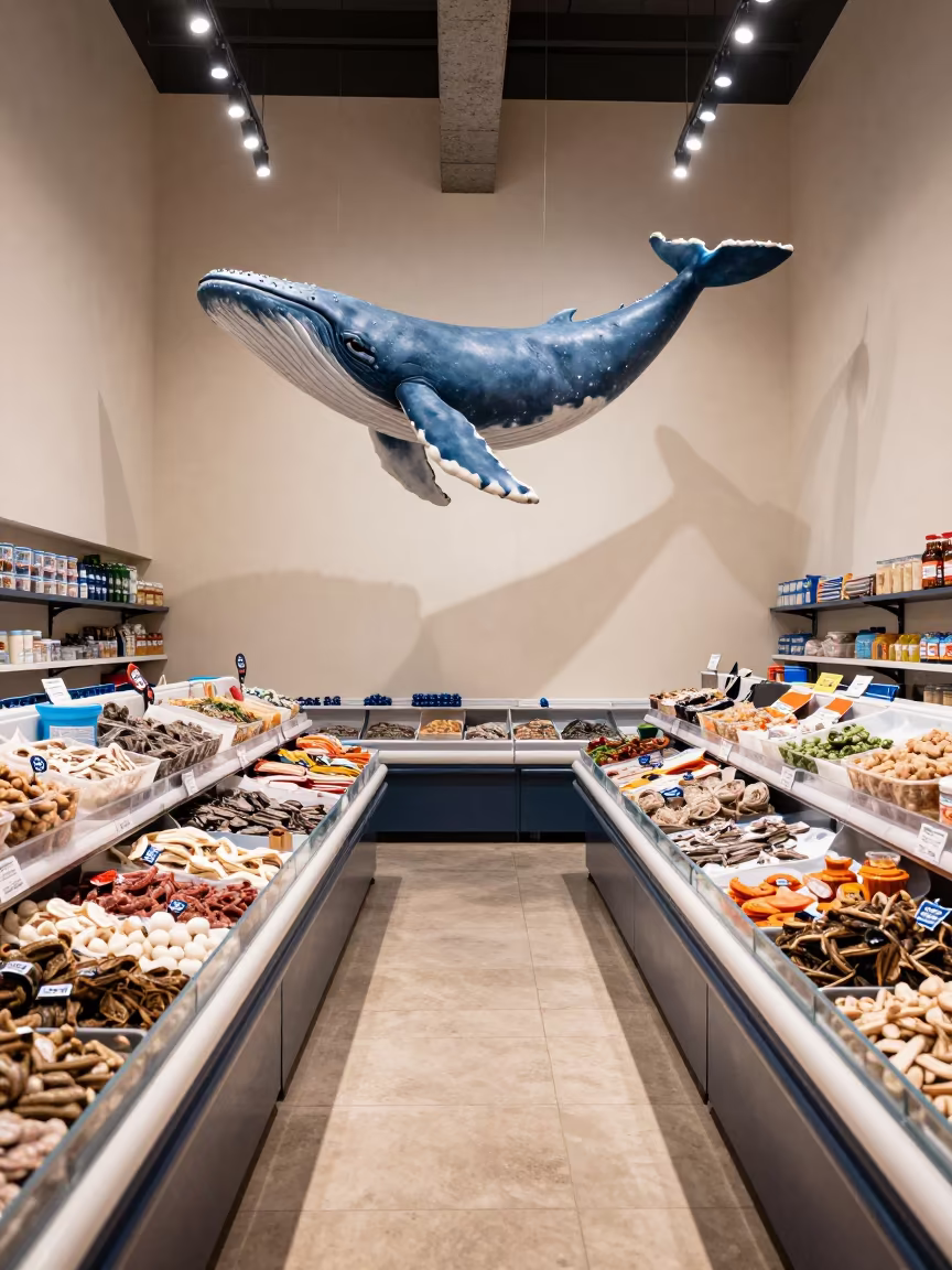Whale Shadow Over Shorouk Seafood Rail in along a front-of-store display run in Shorouk