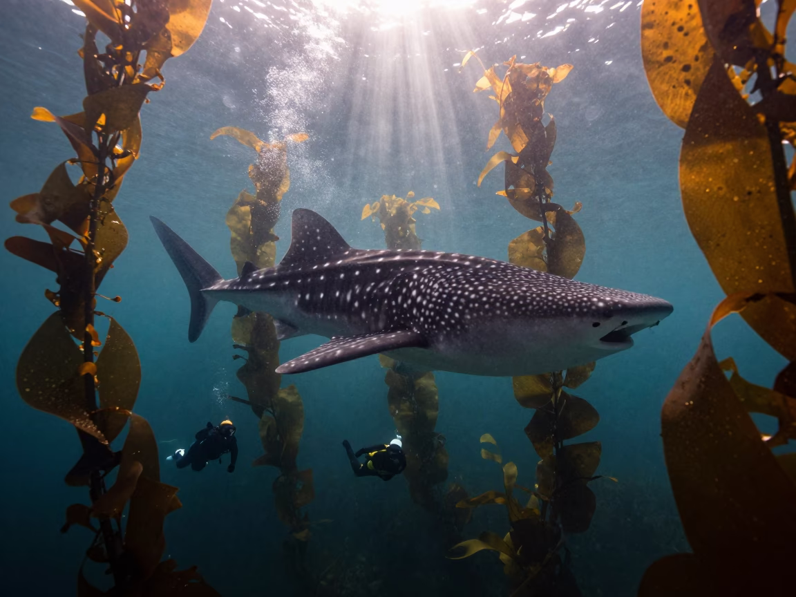 Whale Shark Among Kelp Before Sunrise in through a forest of kelp fronds near Jagalchi, Busan