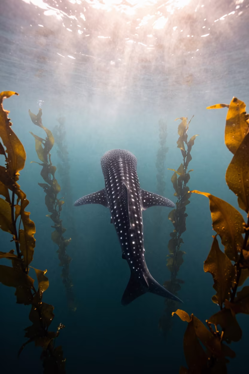 Whale Shark in Dawn Light Near Barcelona Kelp Shelf in along a kelp-fringed shelf near Barcelona