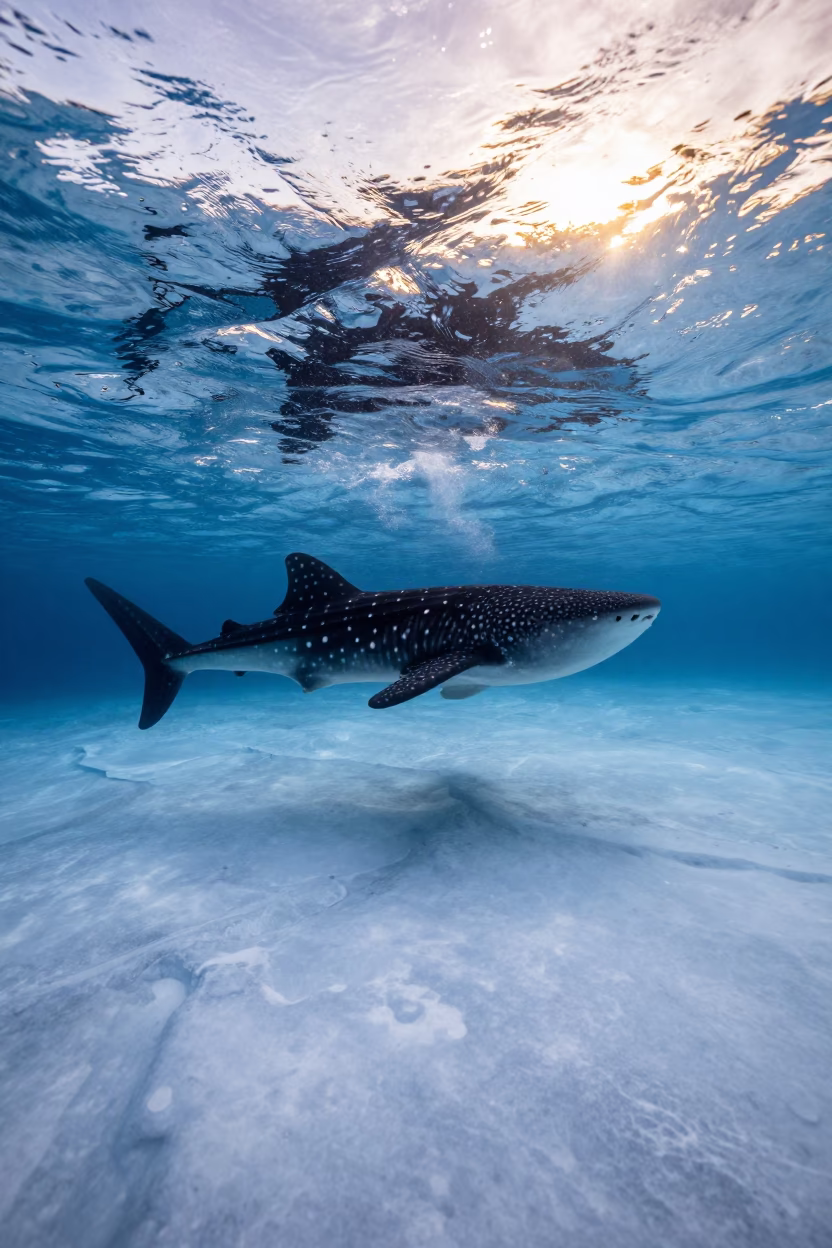 Whale Shark Through Ice Haze in Midnight Sun in beneath a pressure-ridged sheet of sea ice near Anchorage