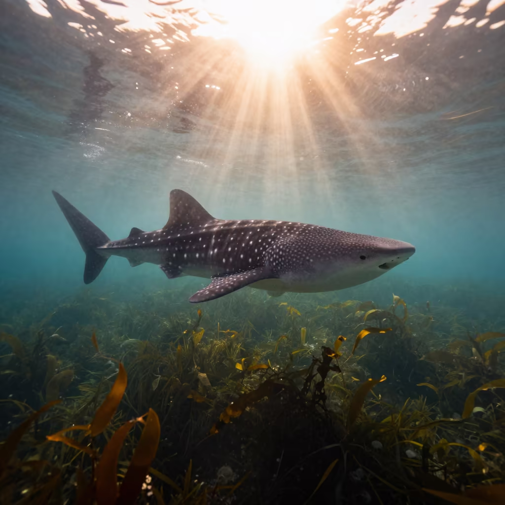 Whale Shark Through Kelp at Dawn in Cartagena in along a seagrass channel near the coast near Cartagena