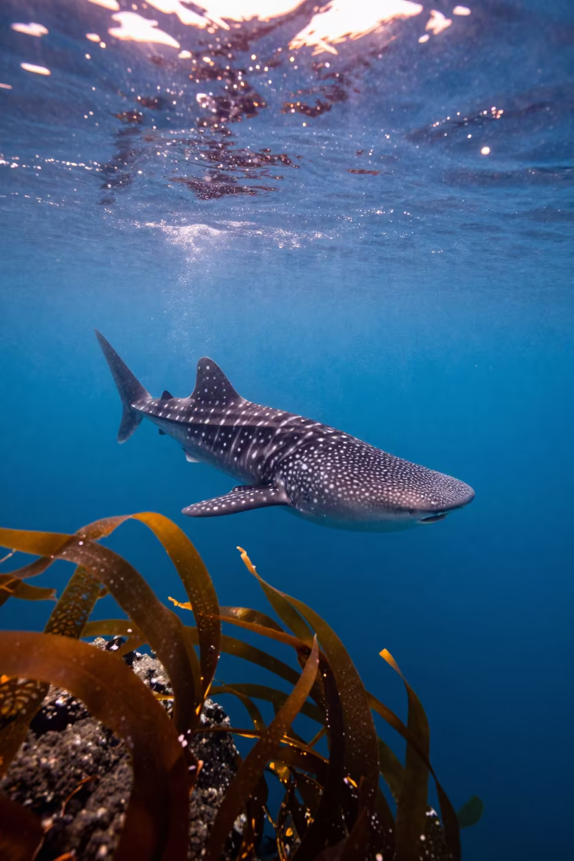 Whale Shark Through Kelp in Hokkaido Sunset in through kelp fronds beside a rocky shelf in Hokkaido