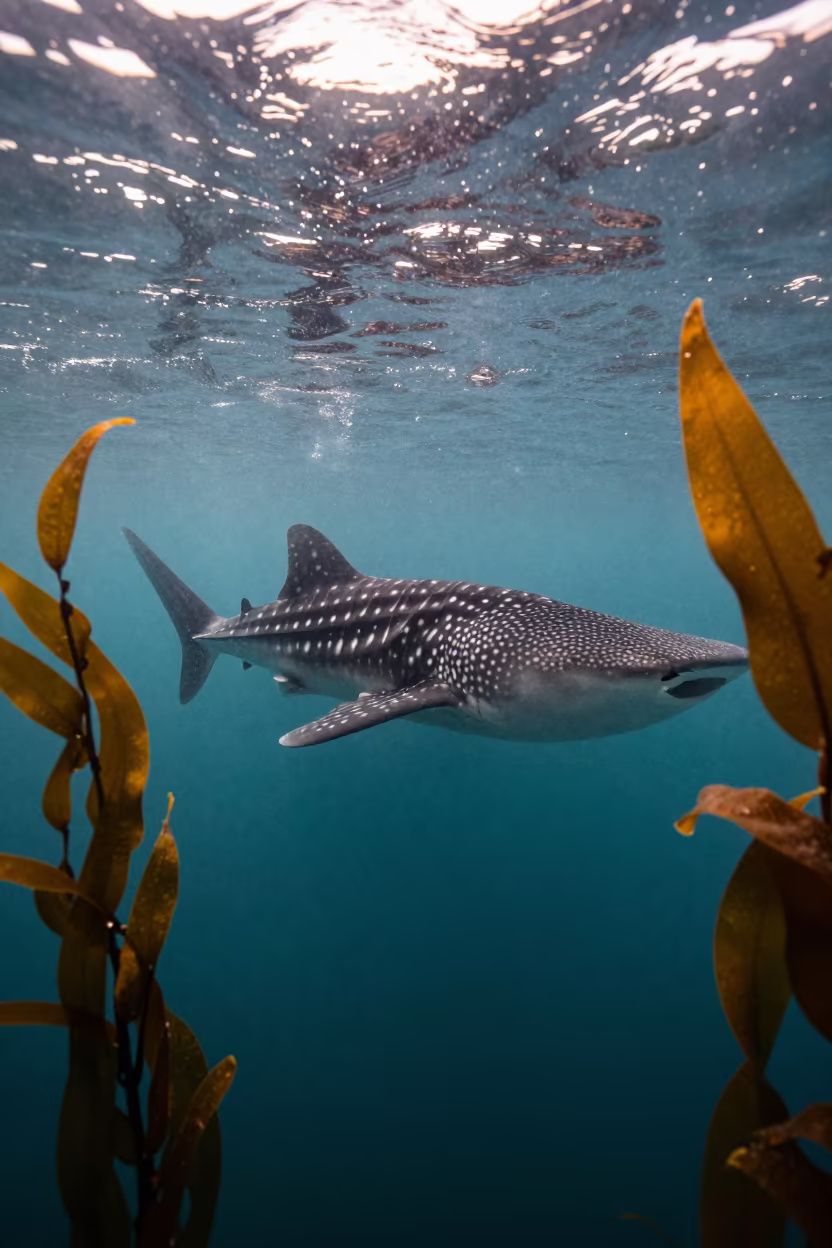 Whale Shark Through Kelp Near Tel Aviv in through a forest of kelp fronds near Tel Aviv
