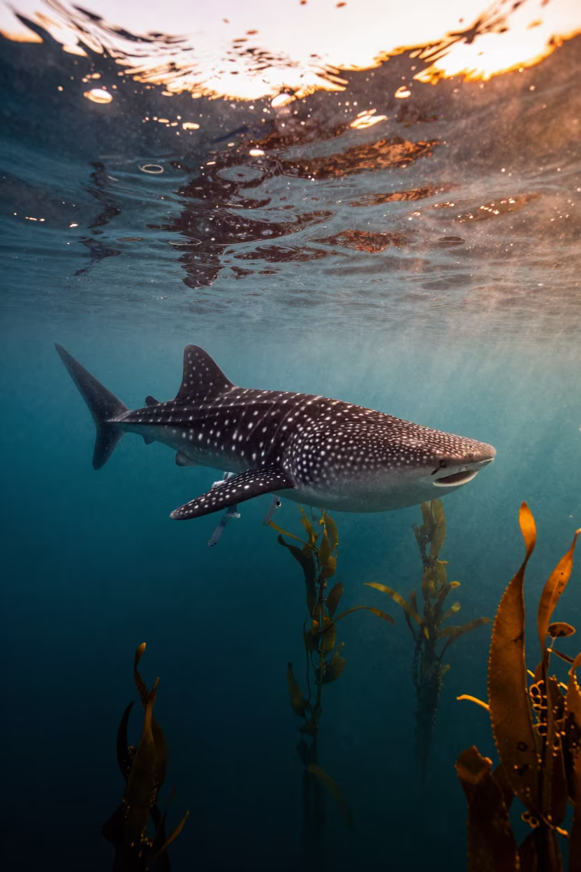 Whale Shark with Remoras at Auckland Kelp Shelf Sunset in along a kelp-fringed shelf near Auckland