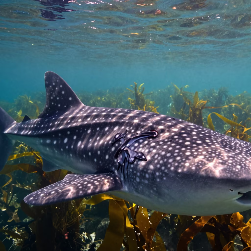 Whale Shark with Remoras Near Fukuoka Kelp Shelf in along a kelp-fringed shelf near Fukuoka