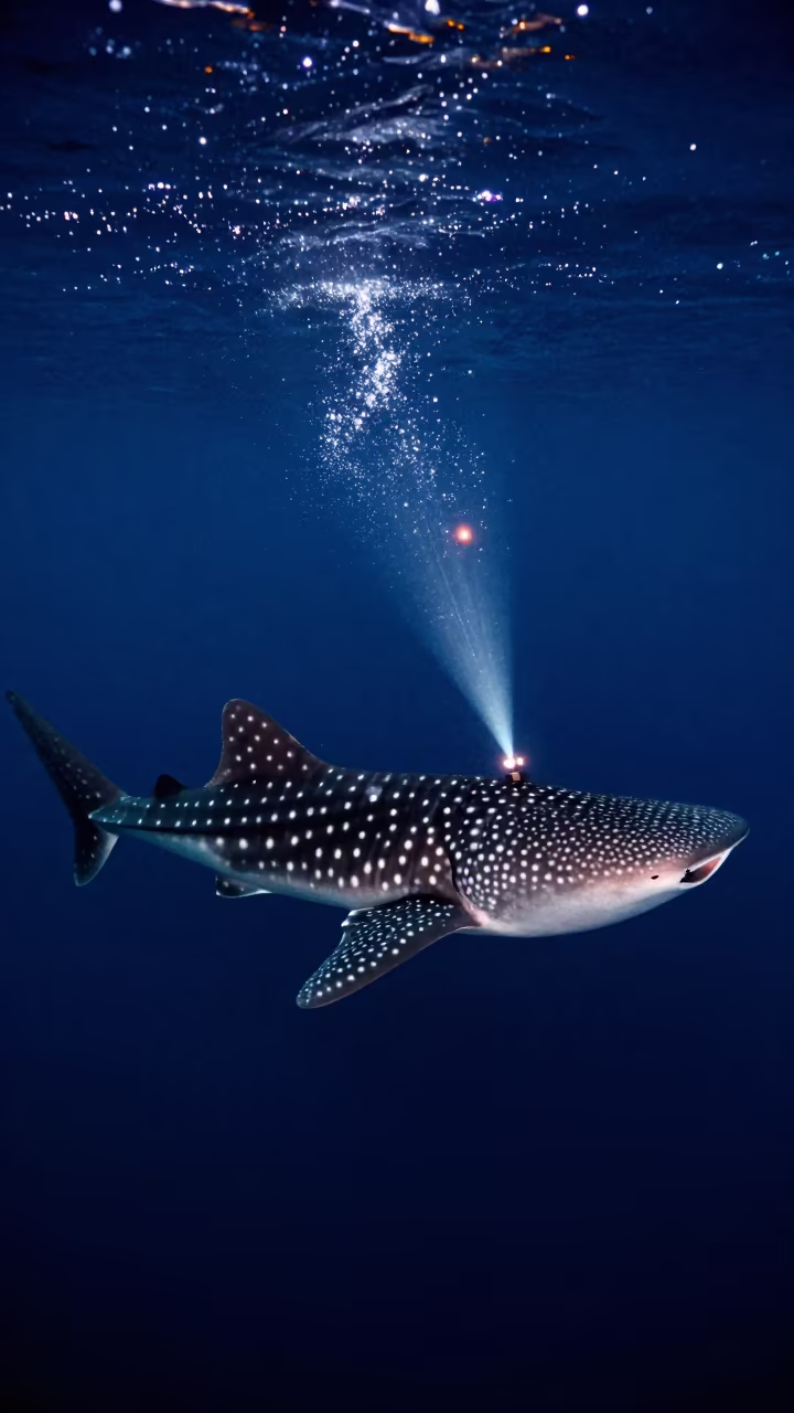 Whale Shark with Remoras in Midnight Lighthouse Light in in Jamaica