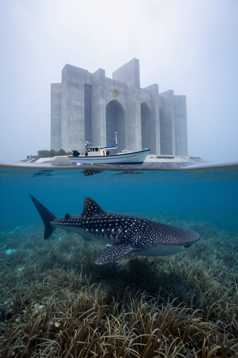 Whale Shark Gliding Through Seagrass at Dawn in above a cold-water reef edge in Croatia