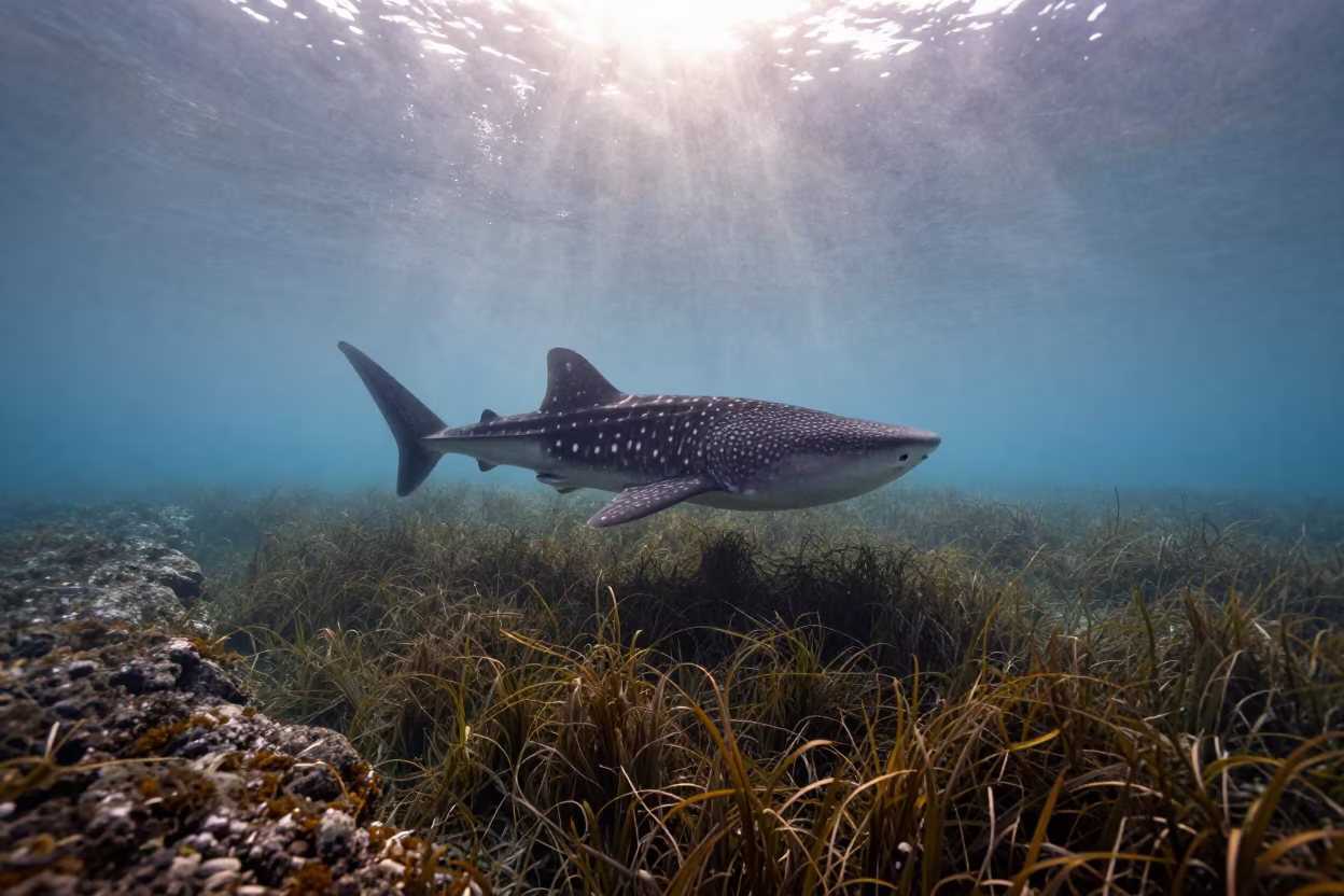 Whale Shark Through Seagrass at Dawn Italy in beside a tide-cut rock ledge under clear water in Italy