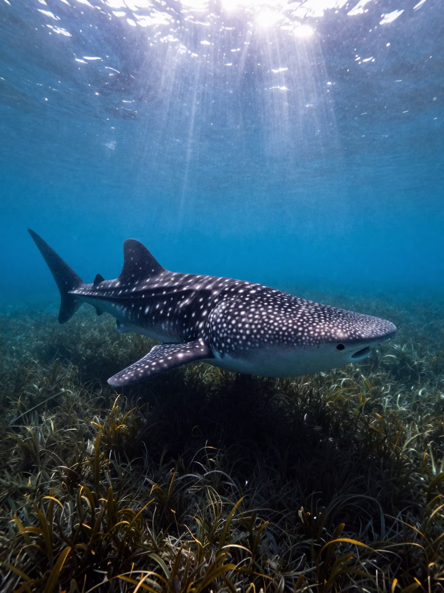 Whale Shark in Seagrass Meadow with Cobalt Light in along a seagrass channel near the coast in California
