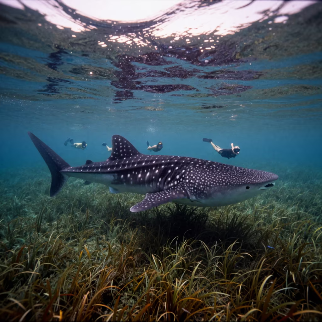 Whale Shark and Swimmers in Mumbai Seagrass in above a seagrass meadow near Dadar, Mumbai