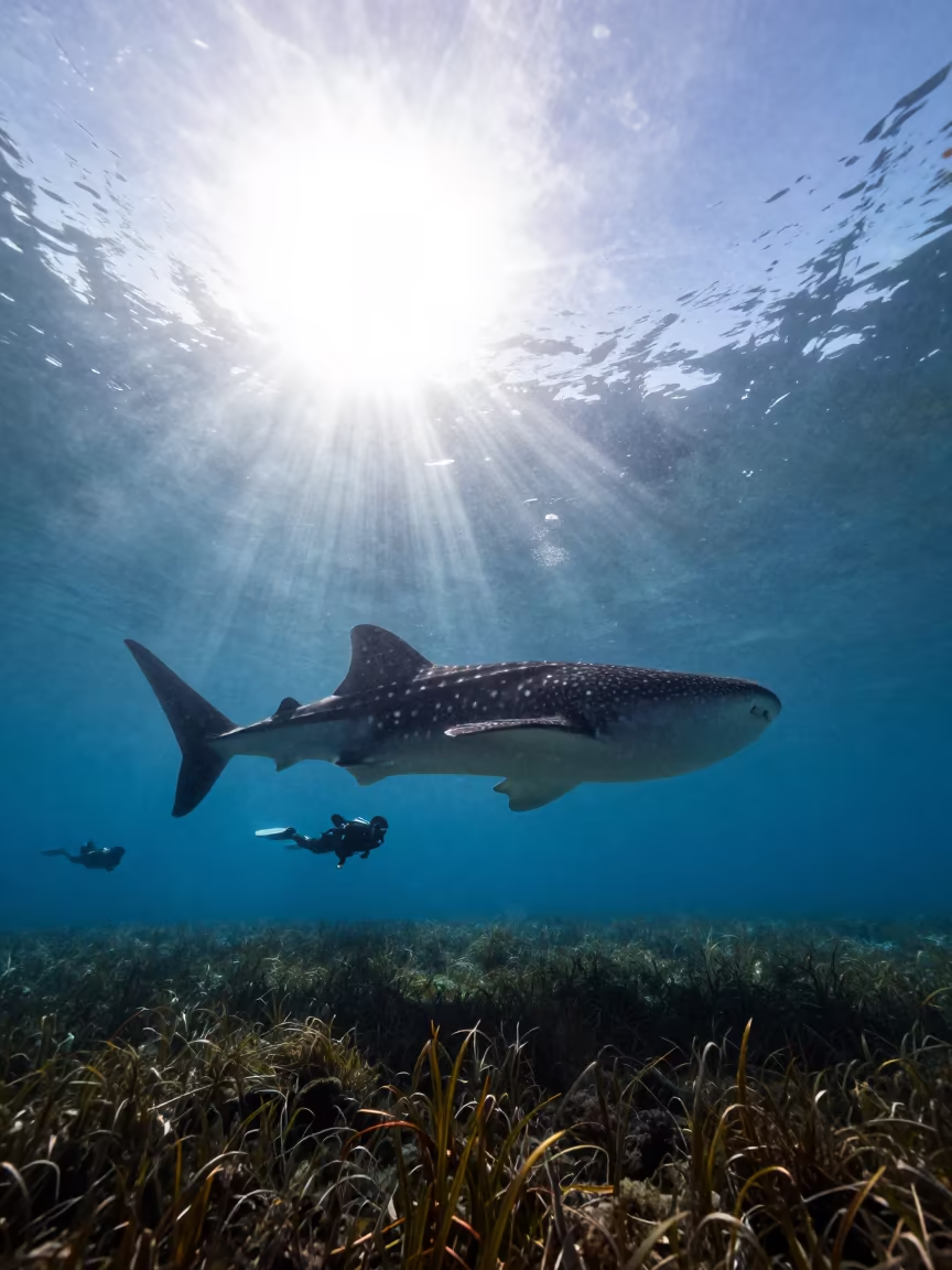 Whale Shark Swimmers Underwater Noon Light in above a seagrass meadow near Skolavordustigur, Reykjavik
