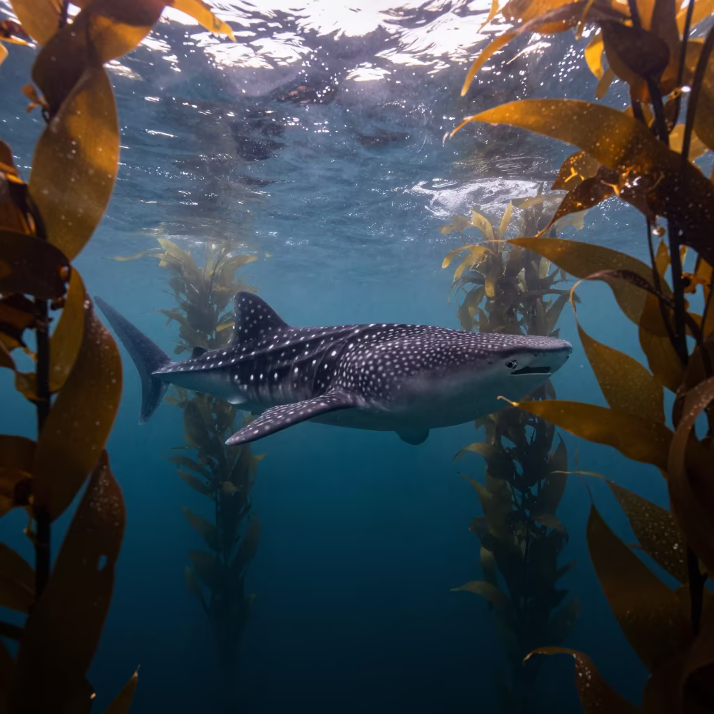 Whale Shark Swimming Through Kelp Forest Morning in along a seagrass channel near the coast in New Zealand