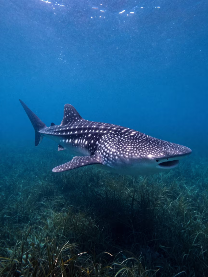 Whale Shark Swimming Through Plankton Haze in above a seagrass meadow near Bacvice, Split
