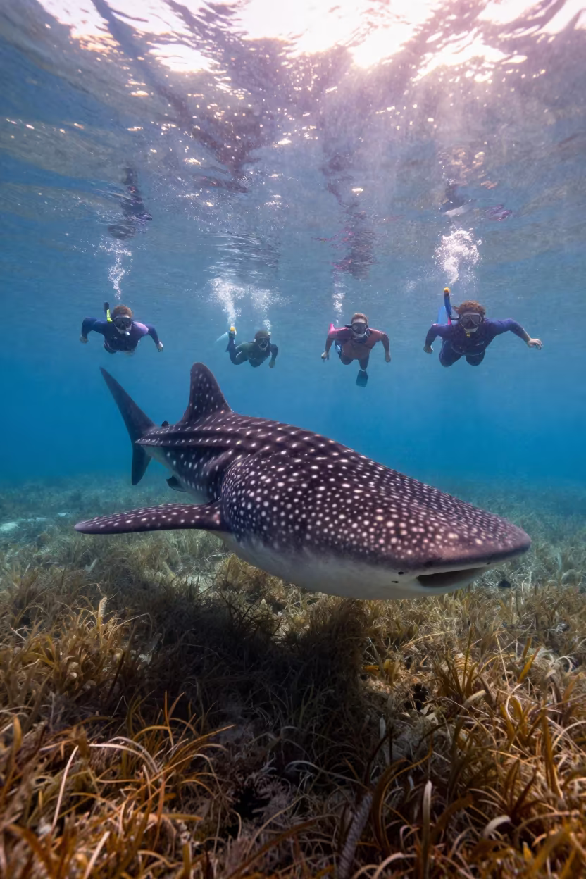 Whale Shark Swimming Over Seagrass Sicily in above a seagrass meadow in Sicily