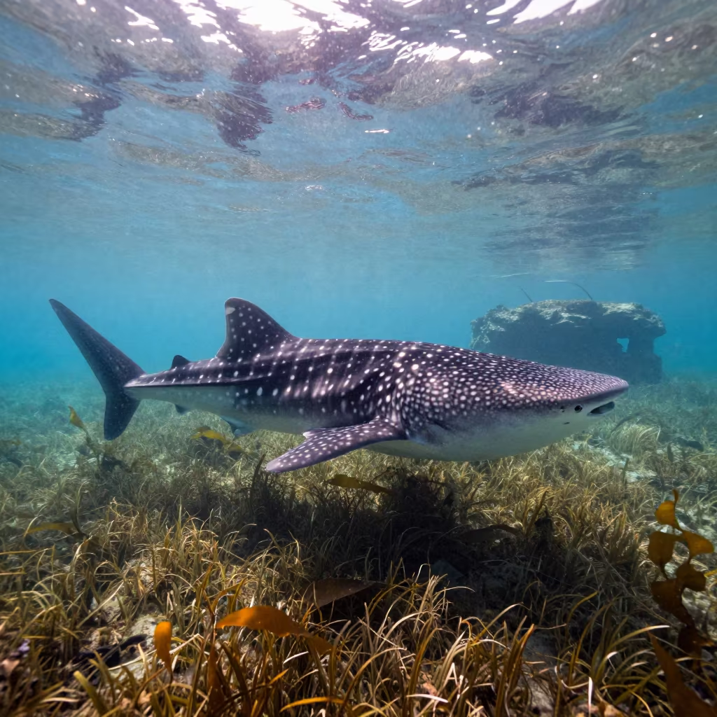 Whale Shark Through Kelp Near Naples in through kelp fronds beside a rocky shelf near Quartieri Spagnoli, Naples