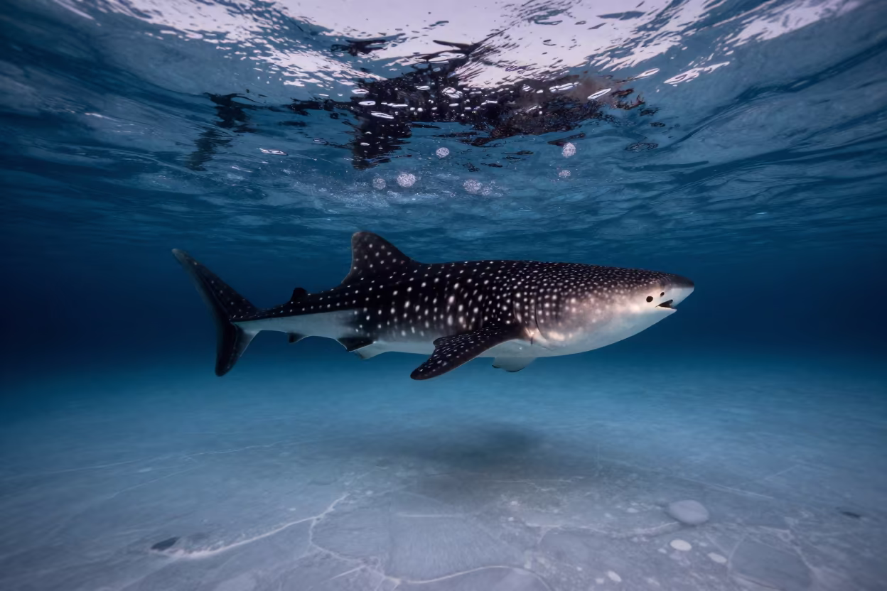 Whale Shark Through Polar Ice at Dawn in through dark polar water below fractured ice in Lapland