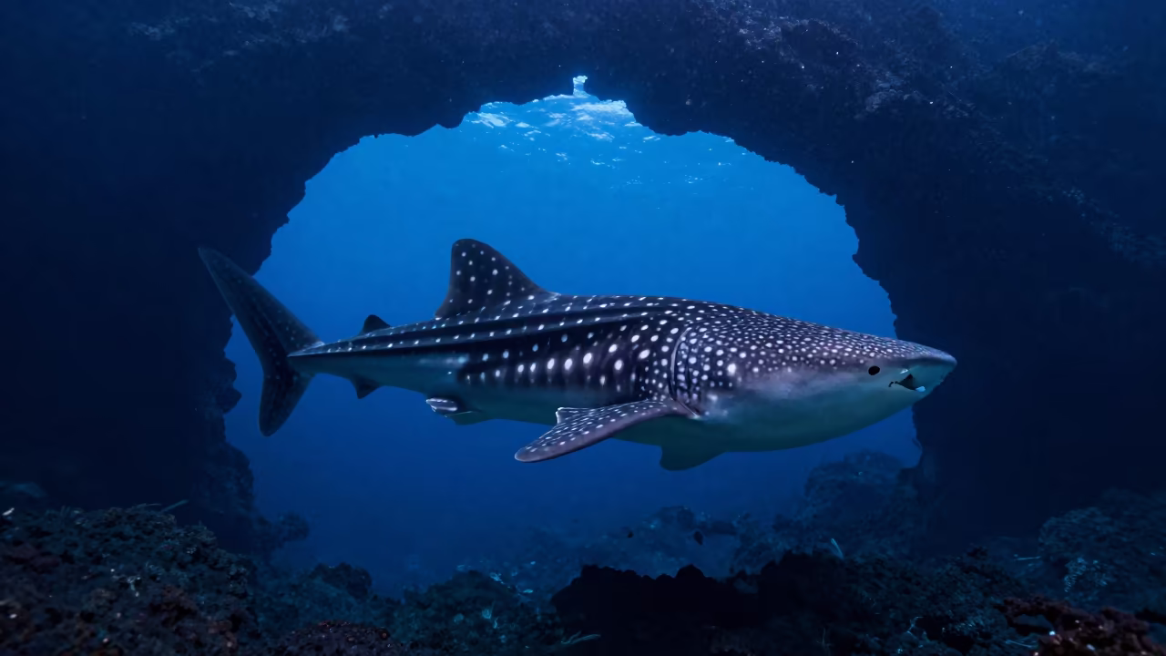 Whale Shark Through Volcanic Arch in Cobalt Predawn in along a submerged ledge near Thimphu