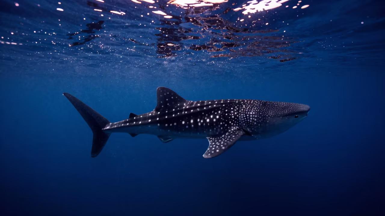 Whale Shark Through Volcanic Arch at Dawn in through suspended particles in deep water near Almaty